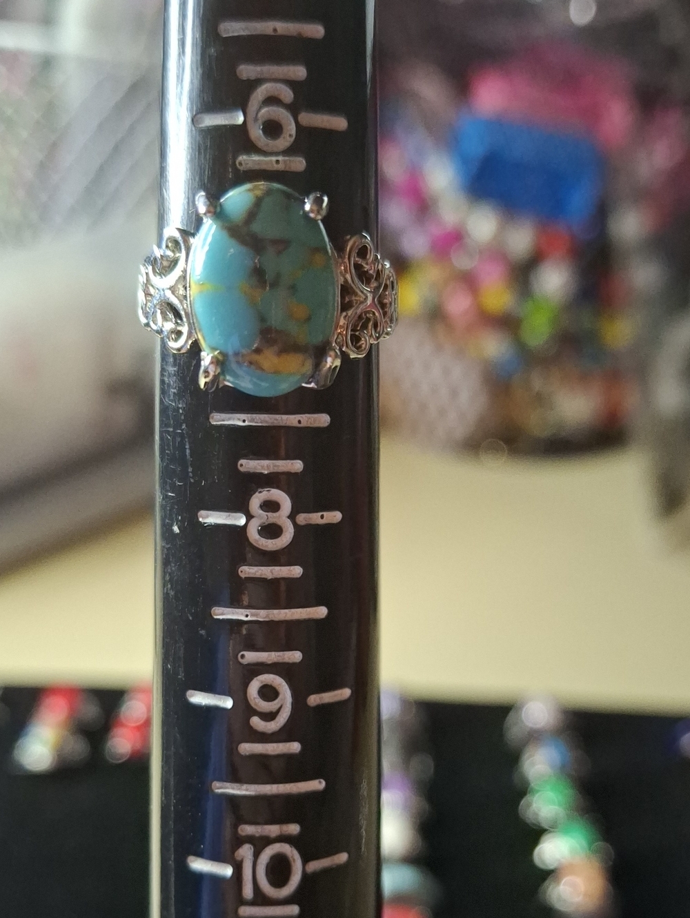 Turquoise Stone Filigree Silver Tone Ring Sz 7 New - Blue Green Turquoise